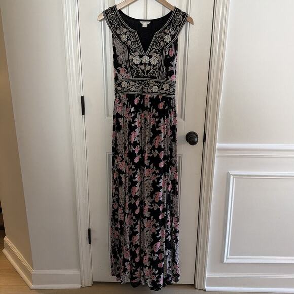 Monsoon Dresses & Skirts - Monsoon Black Chiffon Silver Thread Peacock Floral Maxi Dress Boho Size 12